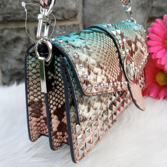 Michael Kors Greenwich Ombre Ocean Blue Studded Snakeskin Leather Shoulder Bag